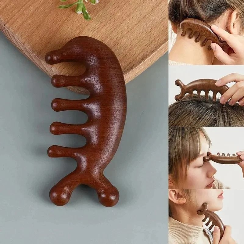 Peigne Masseur Crânien Bois Massif Gua Sha Cuir Chevelu Anti-Stress