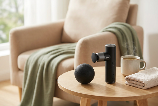 Balle de massage et mini pistolet de massage KiCA dans un coin détente chaleureux.
