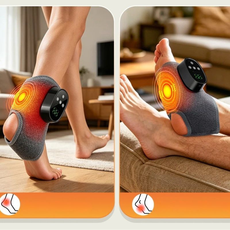 Chevillère chauffante utilisée en marchant et en position de repos, jambes surélevées sur un canapé