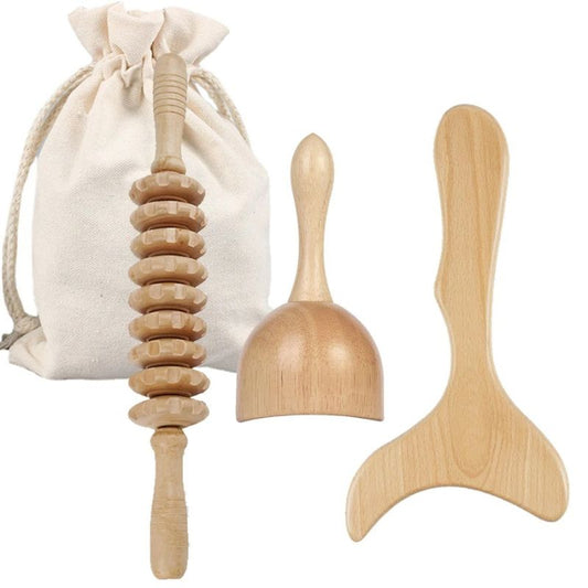 Coffret de massage en bois : rouleau à 9 roues, ventouse et outil latéral avec leur pochette en tissu