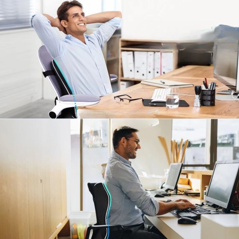 Deux hommes de bureau détendus sur leur chaise grâce au coussin de soutien lombaire