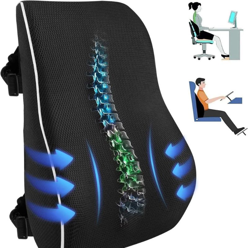 Coussin de soutien lombaire avec illustration de la colonne vertébrale et usages au bureau et en voiture