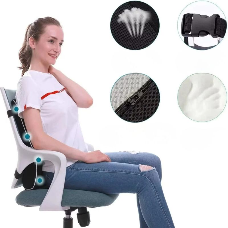 Femme assise sur une chaise de bureau avec zooms sur le tissu respirant, la boucle, la fermeture éclair et la mousse du coussin lombaire