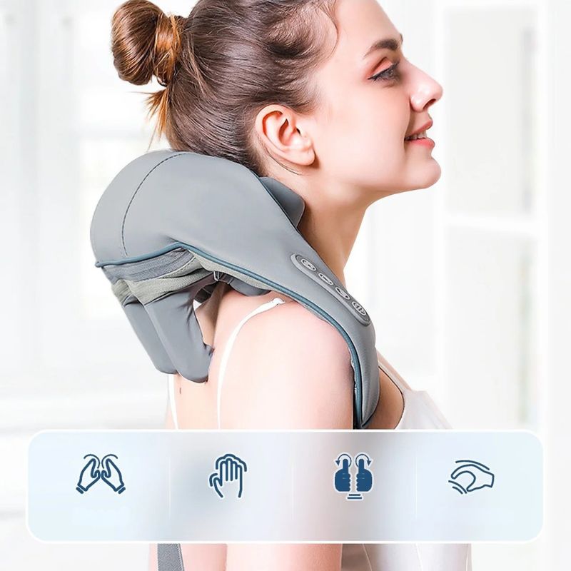 Femme portant le masseur nuque et épaules, icônes illustrant le mouvement de pétrissage inspiré du geste des mains