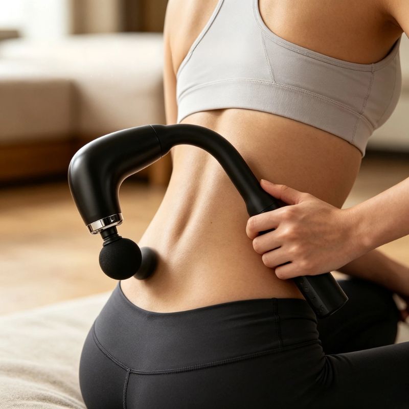 Femme utilisant seule le masseur à percussion manche long dans le bas du dos