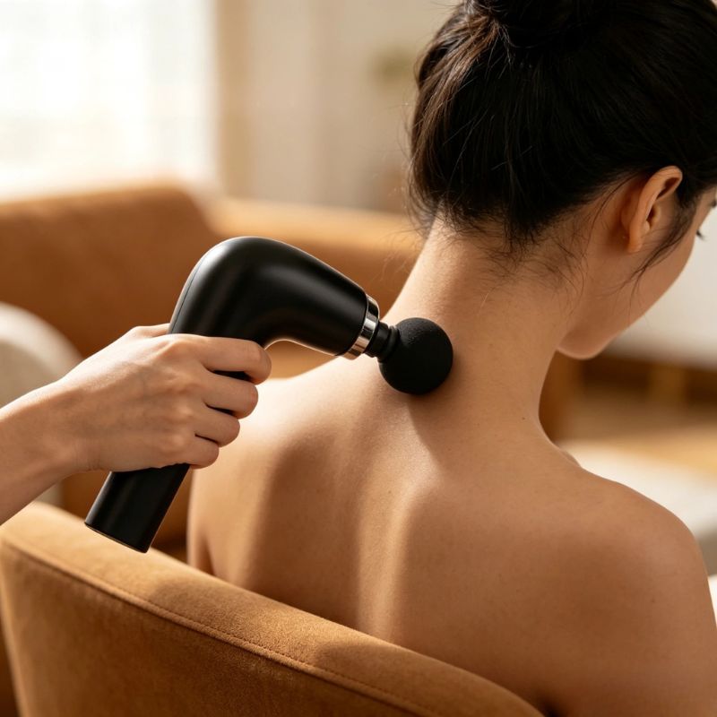Femme installée dans un fauteuil chez elle, massage du haut du dos avec le masseur à percussion manche long