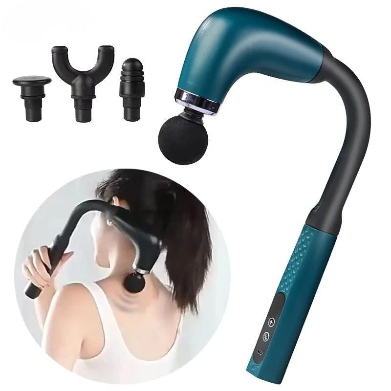Masseur à percussion manche long avec ses trois embouts interchangeables et médaillon d'utilisation sur la nuque