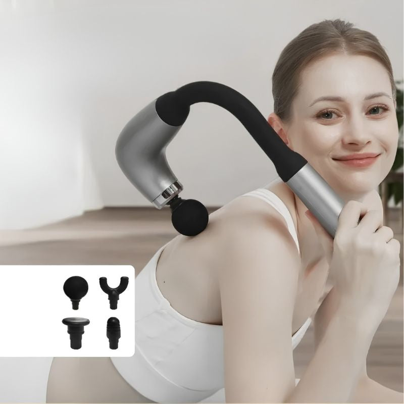 Masseur à percussion manche long avec ses quatre embouts interchangeables posés à côté