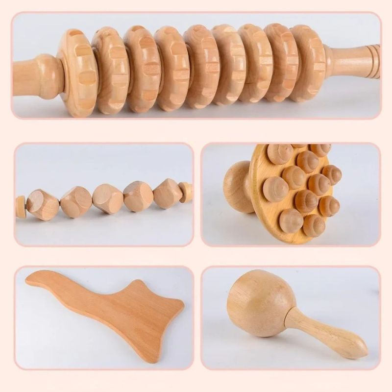 Détails des outils de massage en bois de hêtre : rouleau à roues, boules, champignon à picots, outil latéral et ventouse