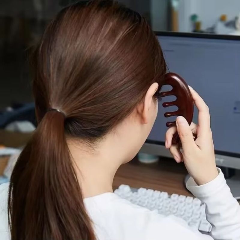 Peigne Masseur Crânien Bois Massif Gua Sha Cuir Chevelu Anti-Stress