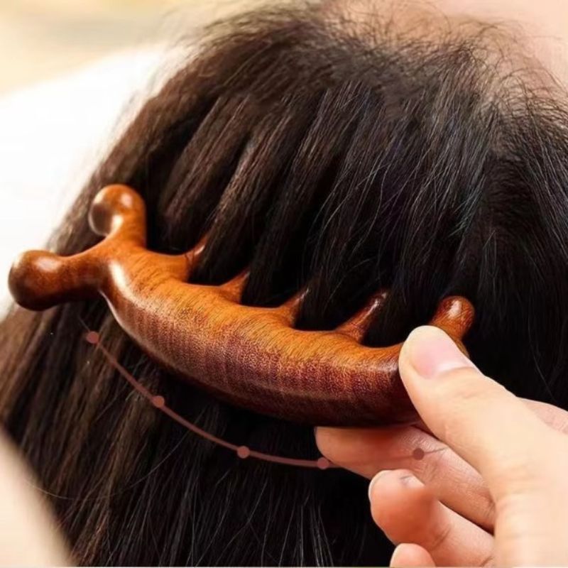 Peigne Masseur Crânien Bois Massif Gua Sha Cuir Chevelu Anti-Stress