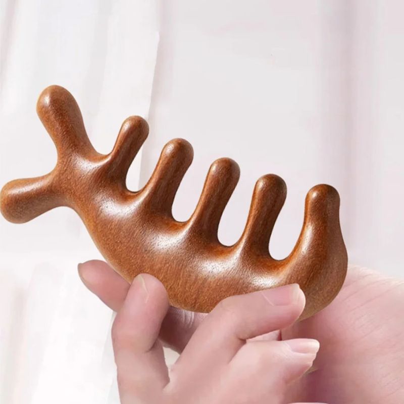 Peigne Masseur Crânien Bois Massif Gua Sha Cuir Chevelu Anti-Stress