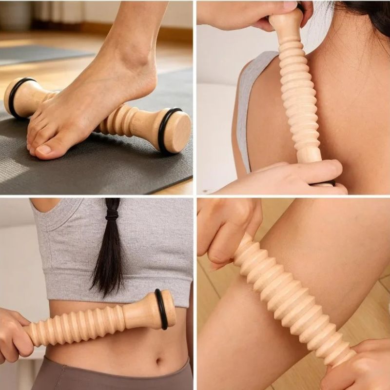 Collage de quatre usages du rouleau masseur en bois sur le pied, la nuque, la taille et la cuisse