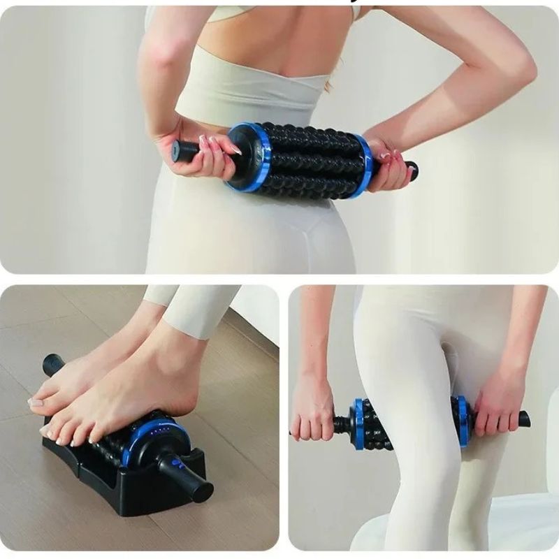 Collage montrant le rouleau masseur à percussion 360° utilisé sur le dos, le pied et la cuisse