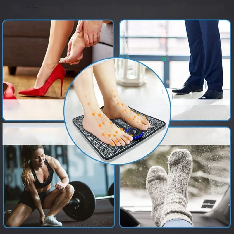 Collage montrant le tapis masseur de pieds électrique utilisé après le sport, au bureau et en voyage