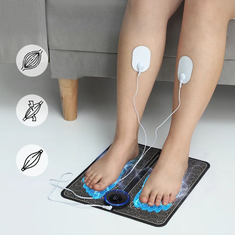 Électrodes supplémentaires reliées au tapis masseur et positionnées sur les mollets