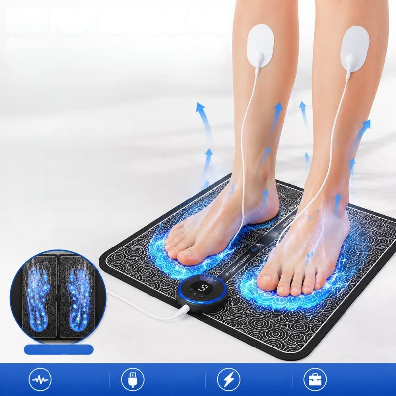 Illustration de la stimulation remontant des pieds vers les mollets grâce aux électrodes